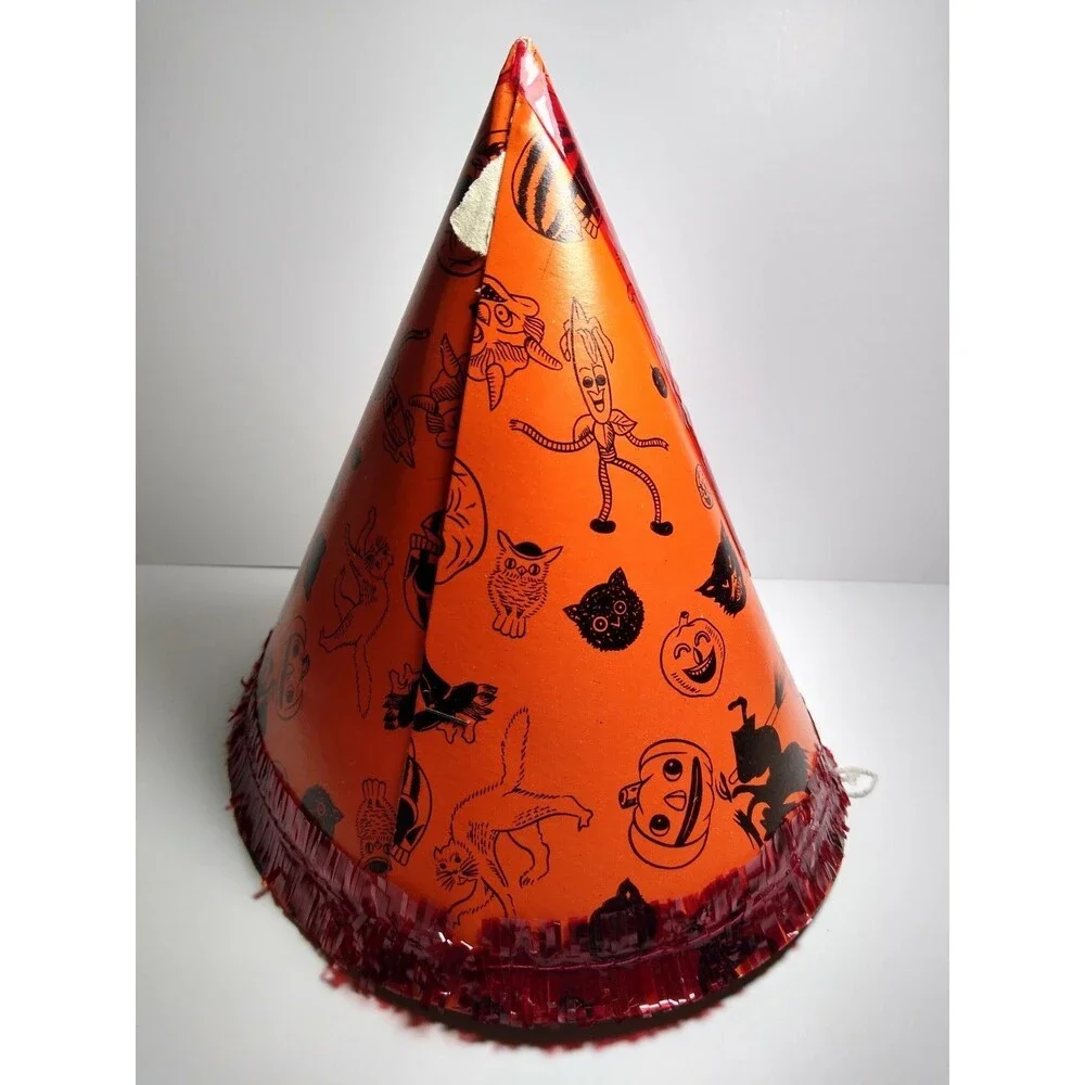 Vintage Halloween Hat Orange Black Spooky Graphics Made in Japan Creepy Creature
